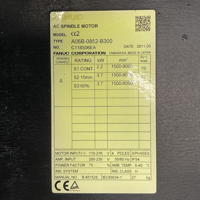 ファナック　ACスピンドルモーター　A06B-0852-B300
