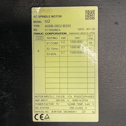 ファナック　ACスピンドルモーター　A06B-0852-B300