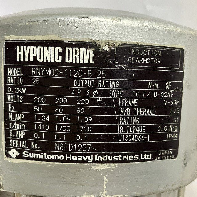 住友重機械工業　ハイポニック減速機　RNYM02-1120-B-25　0.2KW　4P　200V　ブレーキ付