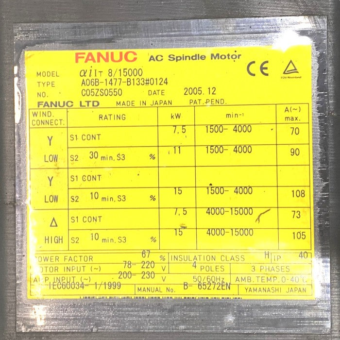 ファナック　ＡＣスピンドルモーター　A06B-1477-B133#0124