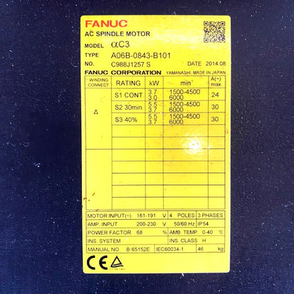 ファナック　ＡＣスピンドルモータ　A06B-0843-B101